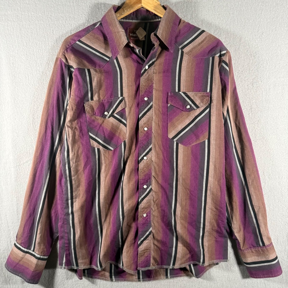 Vintage Wrangler Western Shirt Mens Large Purple Brown Striped Pearl Snap L